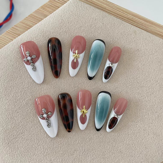 Autumn Bloom™ | Elegant Hand-Painted Maillard White Press-On Nails