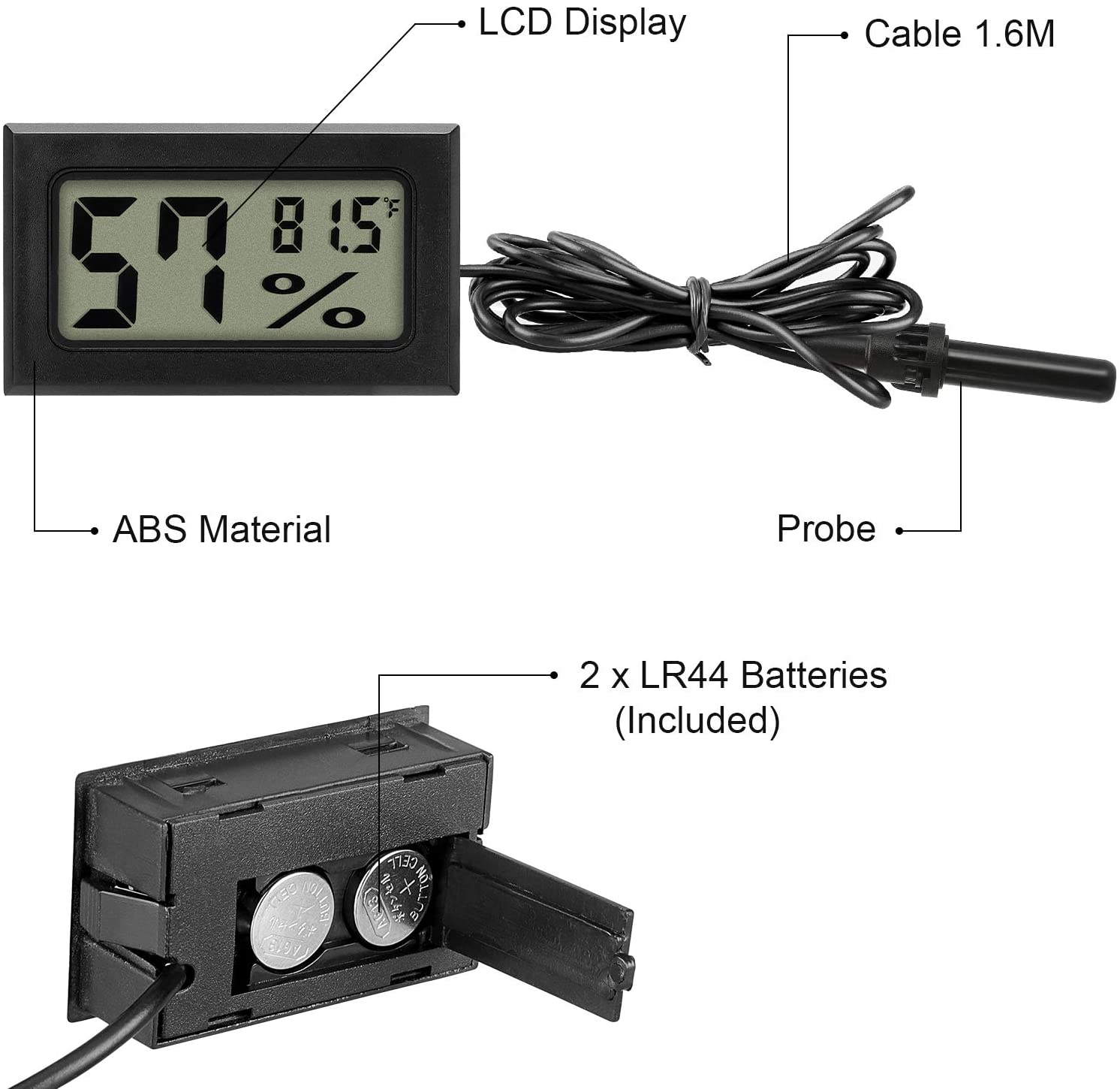 Digital Humidity Display Sensor Cables With 2 Pcs Batteries